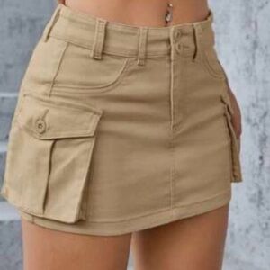 Beige Tan Cargo Pocket Mini Skirt, Pleated, Button Closure